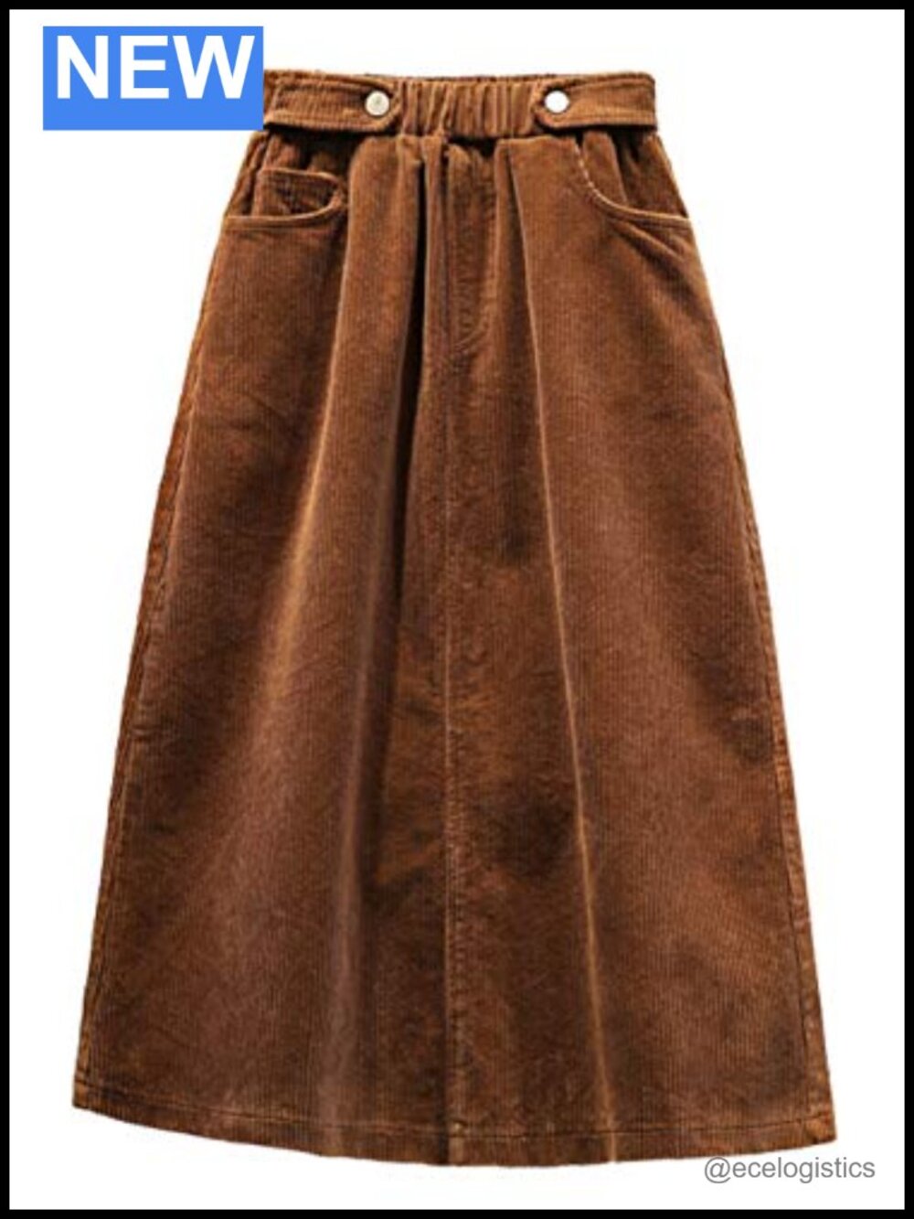 Women's Corduroy A-Line Midi Skirt Elastic Waist Ruffle 2 Pockets Winter
